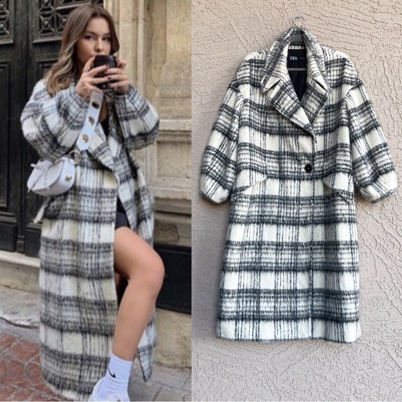 ZARA Black & White Plaid Brushed Wool Oversized Long Wool Coat - Picture 3 of 14